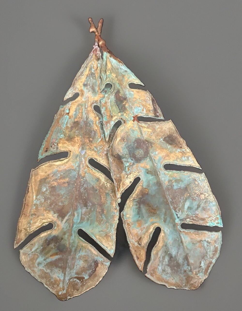 Vintage 1990 Signed Copper Two Leaves Wall Hanging Verdigris Patina Greg G.